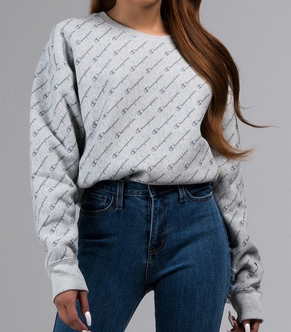 NEW CHAMPION REVERSE WEAVE GRAY ALL OVER LOGO CREWNECK PULLOVER SWEATSHIRT SMALL